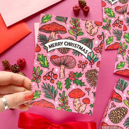 Pink Christmas Mushrooms Card