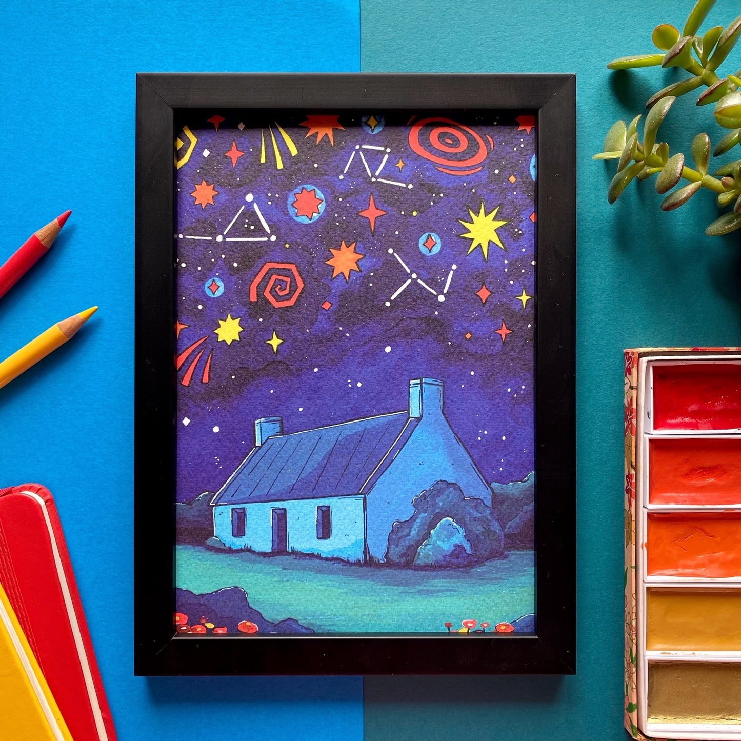 Night Sky Cottage Painting Print