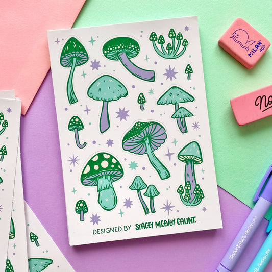 Green and Lilac Mushroom Sticker Sheet