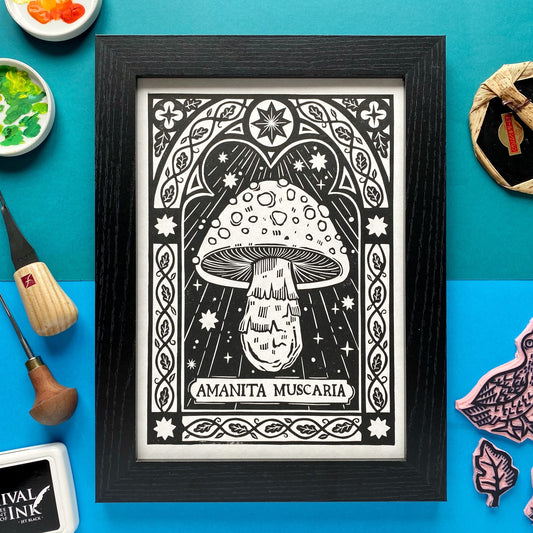 Amanita Muscaria Mushroom Lino Print