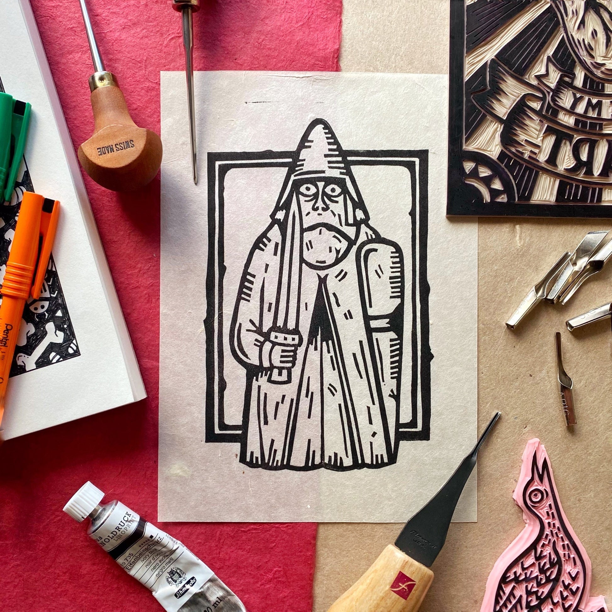 Lewis Chessmen Rook Lino Print – Stacey McEvoy Caunt