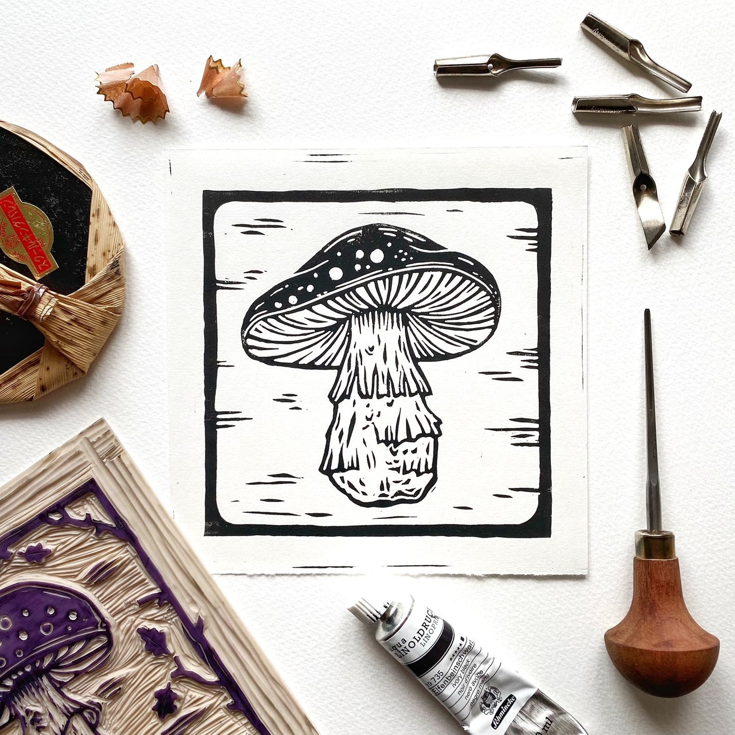 Mushroom 02 Original Linocut Print