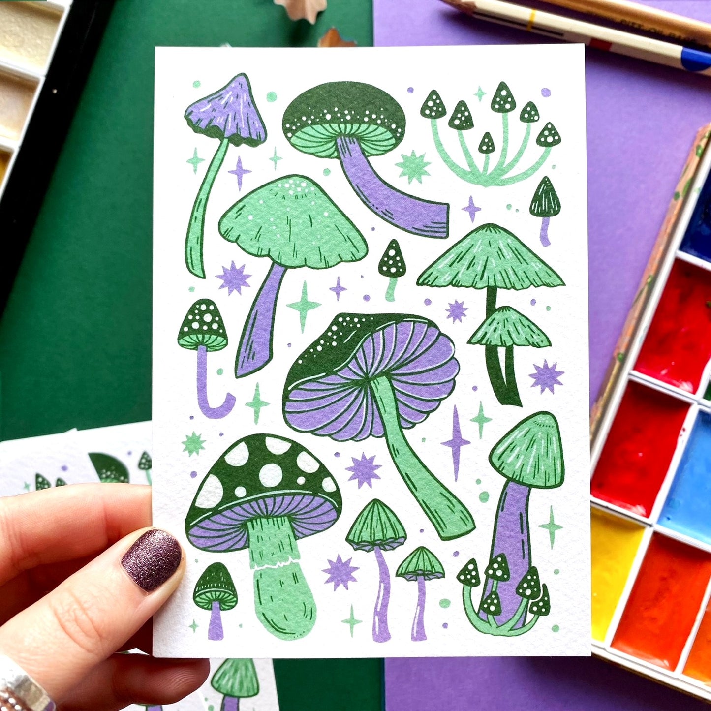 Green and Purple Mushroom Postcard