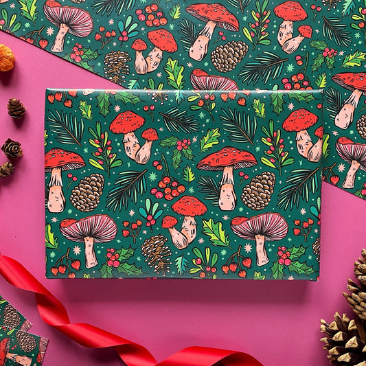 Green Christmas Mushrooms Gift Wrap