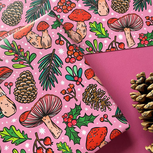 Pink Christmas Mushrooms Gift Wrap